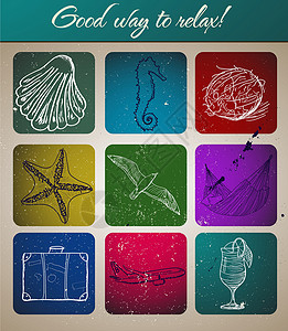 带有海上旅行图标的古老海报插图涂鸦手提箱世界季节吊床海洋墙纸旅游打印背景图片