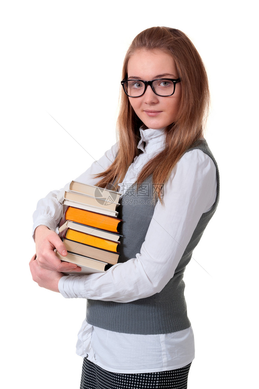 有书的年轻女孩眼镜黄色白色灰色学生图书格子衬衫绝缘学习图片