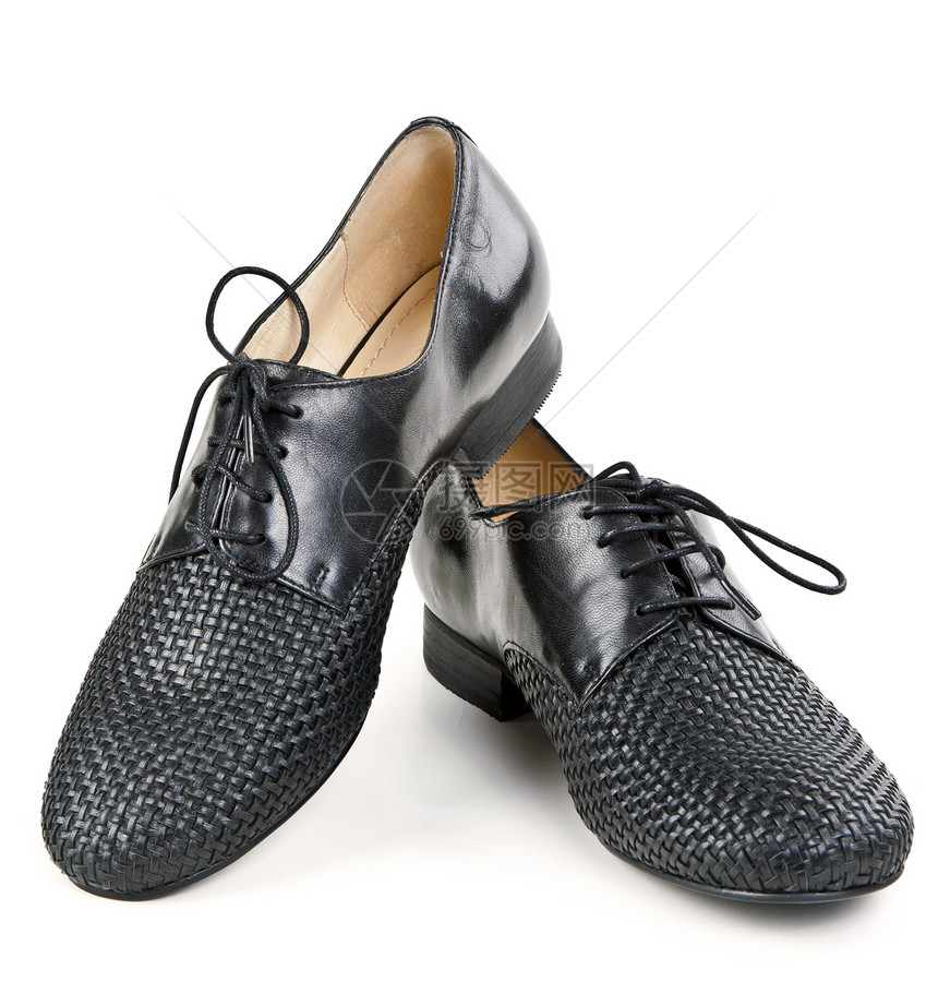 时髦的黑皮鞋鞋类工作室抛光配件鞋带皮革白色图片