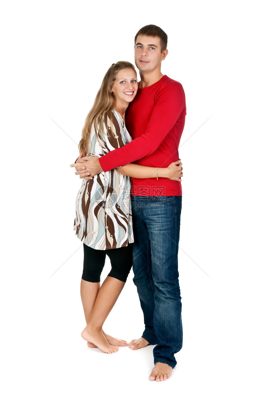 女孩在工作室拥抱一个穿红礼服的男人家庭夫妻快乐男生蓝色红色女性头发女朋友女士图片