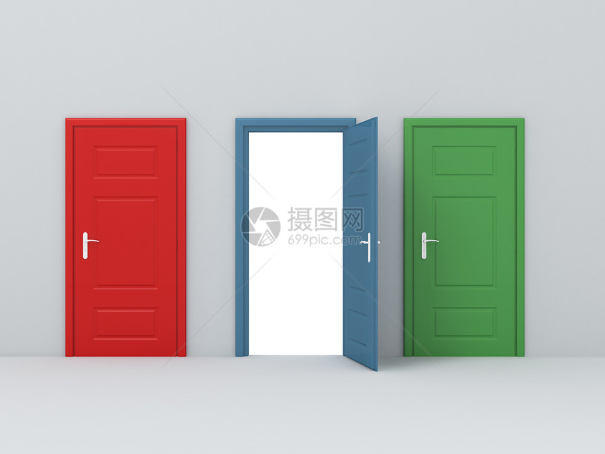 三个不同的门空白绿色建筑学蓝色出口门把手入口红色房间自由图片