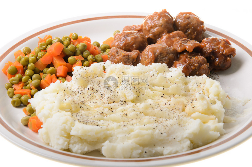 土豆泥肉汁肉丸绿色食物土豆白色美食盘子蔬菜午餐图片