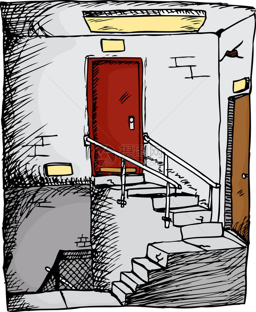 空空楼梯间建筑草图卡通片出口手绘插图办公室门厅脚步横截面图片