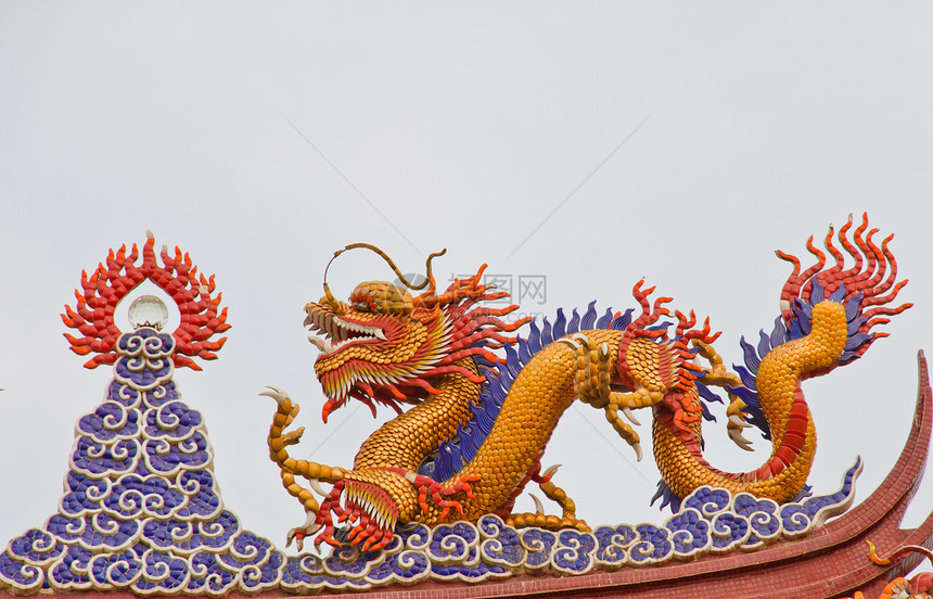 屋顶上的龙形状态装饰品神社文化传统双胞胎力量艺术雕塑建筑太阳图片