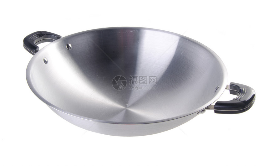 OK Asia烹饪wok在背景上厨房工具投掷黑色用具厨师厨具商业食物炒锅图片