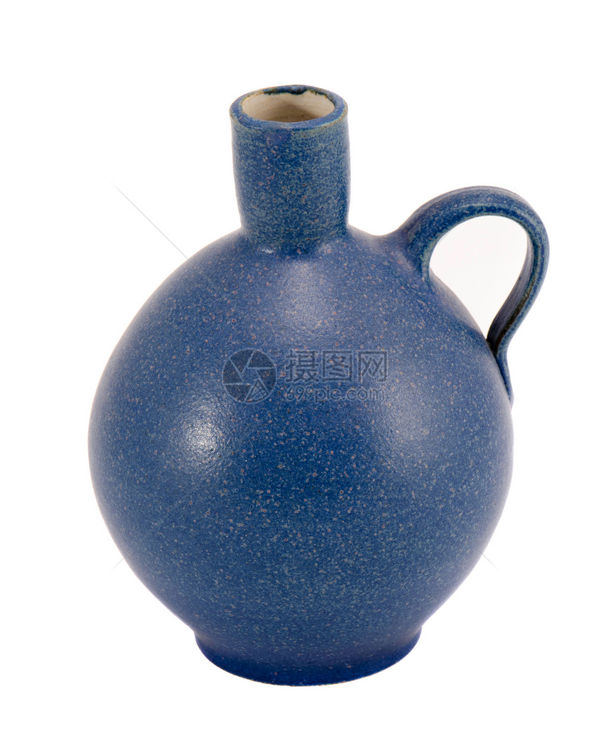 蓝色陶瓷壶花瓶控管 白上隔离图片
