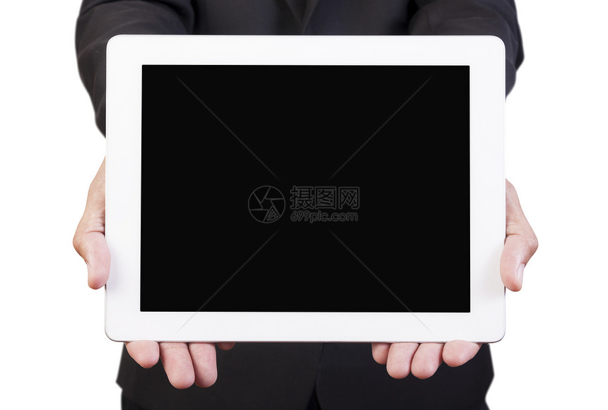 商务人士持有平板牌成人技术男性白色药片屏幕两只手套装图片