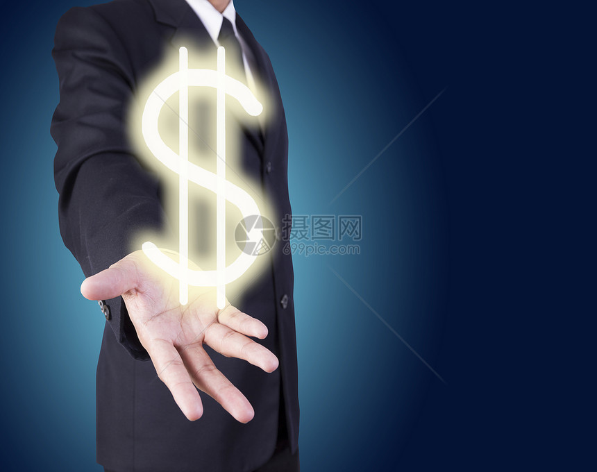 手头上钱财商务人士白色荧光货币成人套装男性蓝色黄色领带图片