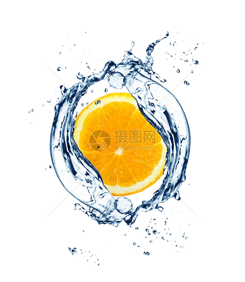 喷洒水中的橙色海浪白色橙子水果黄色食物图片