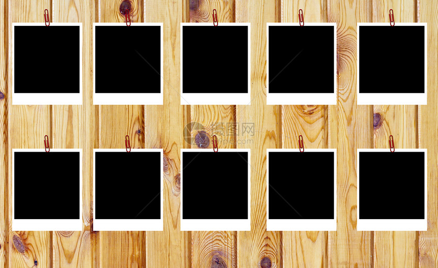 一组十块旧的空白极地板框 躺在木质表面羊皮纸专辑卡片插图纸板边界框架剪贴簿木头相片集图片