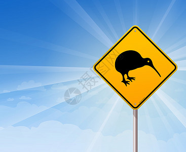 新西兰天空蓝色上的基维鸟黄色符号插画