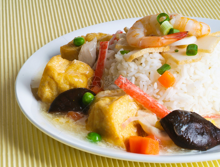 豆腐 海鲜和蔬菜 Stir Fried 蒸米摄影午餐发芽蒸汽食物油炸图片