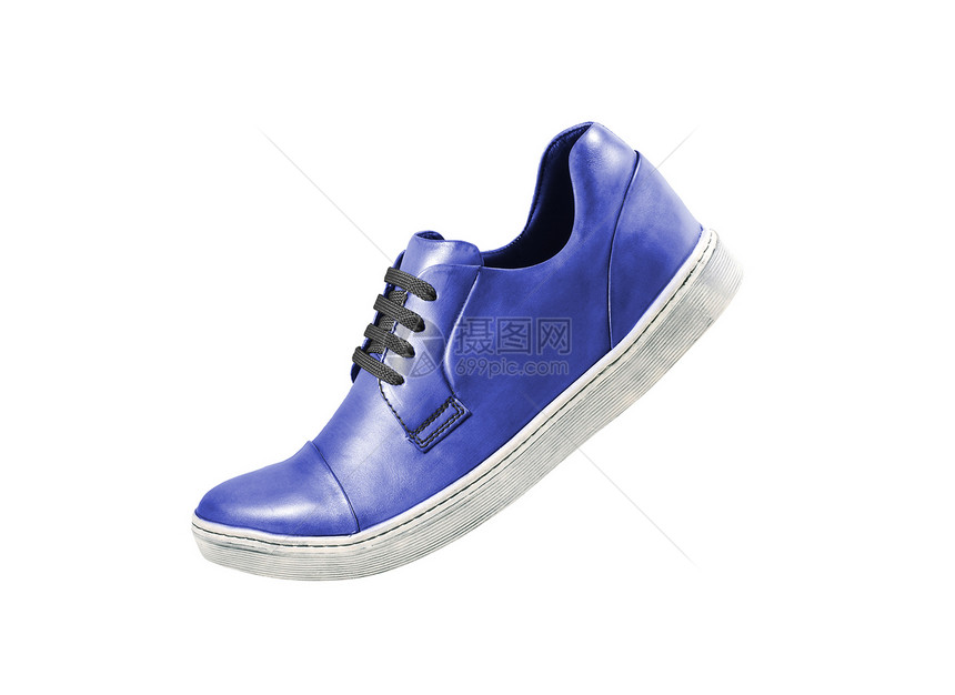 白上孤立的蓝运动鞋生活跑步青年蓝色活动文化蕾丝皮革健身房鞋类图片