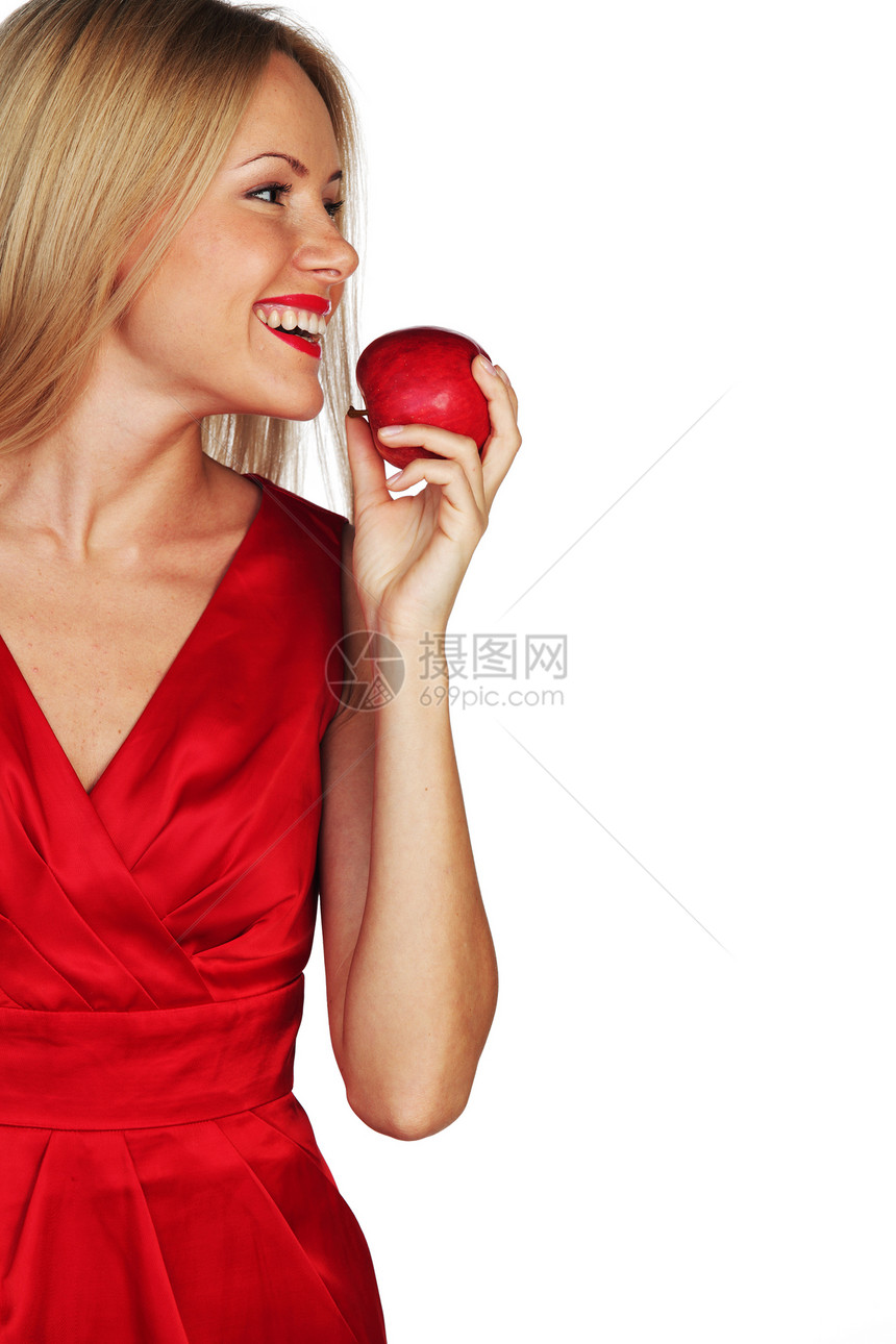 女人和红苹果女士皮肤女孩活力头发食物金发保健女性水果图片