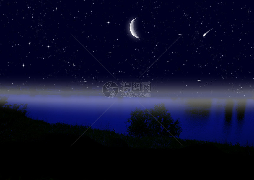 夜空中半月月光场景天空流星月亮旅行彗星星座星星天文学图片