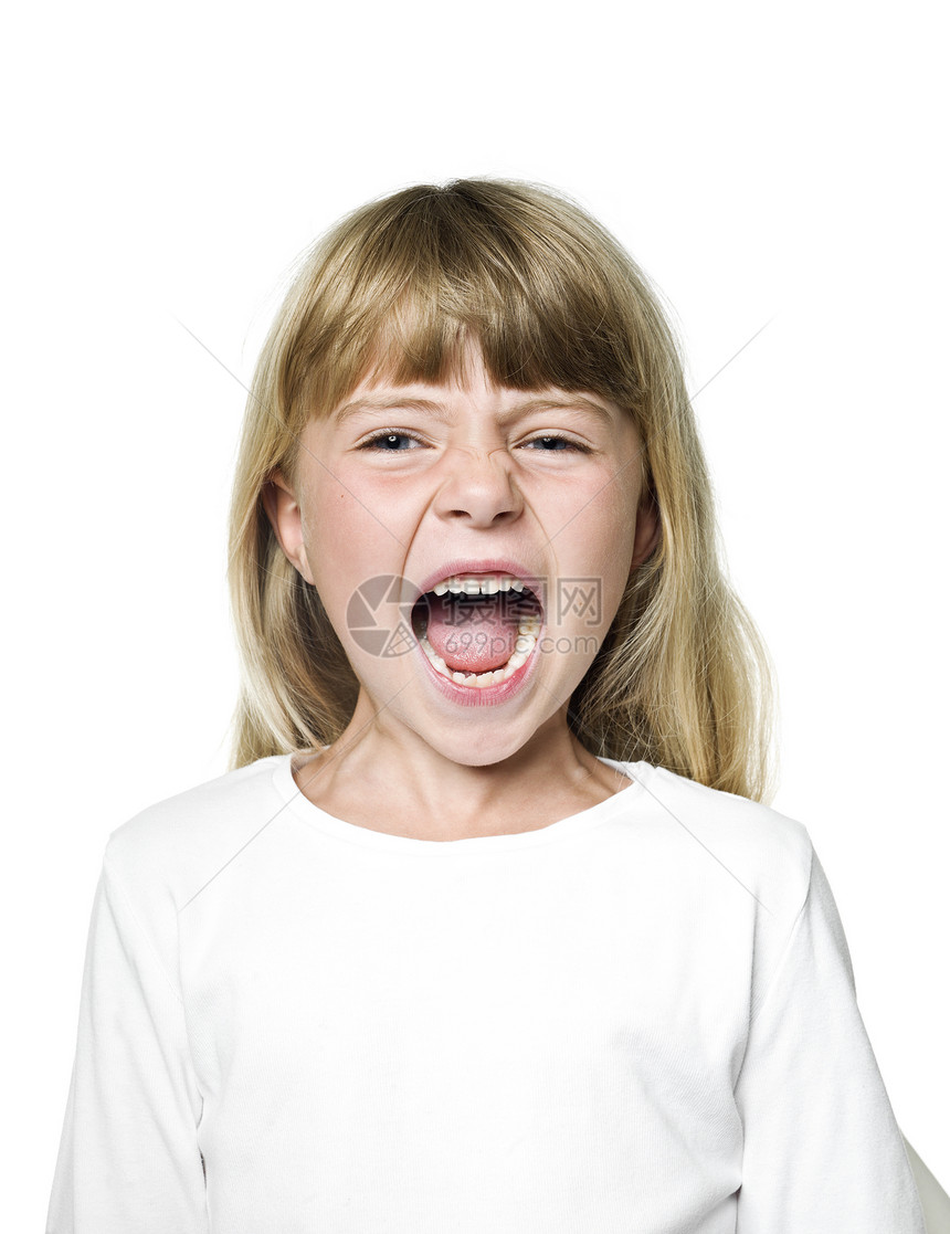 尖叫女孩乐趣小女孩白色露齿牙齿金发孩子图片