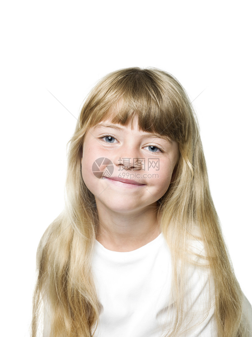 小女孩肖画微笑露齿白色金发乐趣孩子牙齿图片