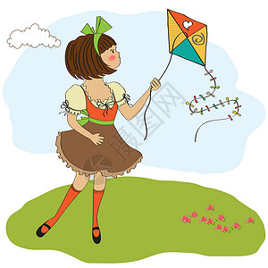 与风筝玩耍的少女女士热情蒸气女孩裙子时刻闩锁青少年游戏活动背景图片