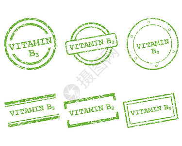 维生素B3邮票标签插图海豹烙印贴纸按钮维生素打印购物绿色背景图片