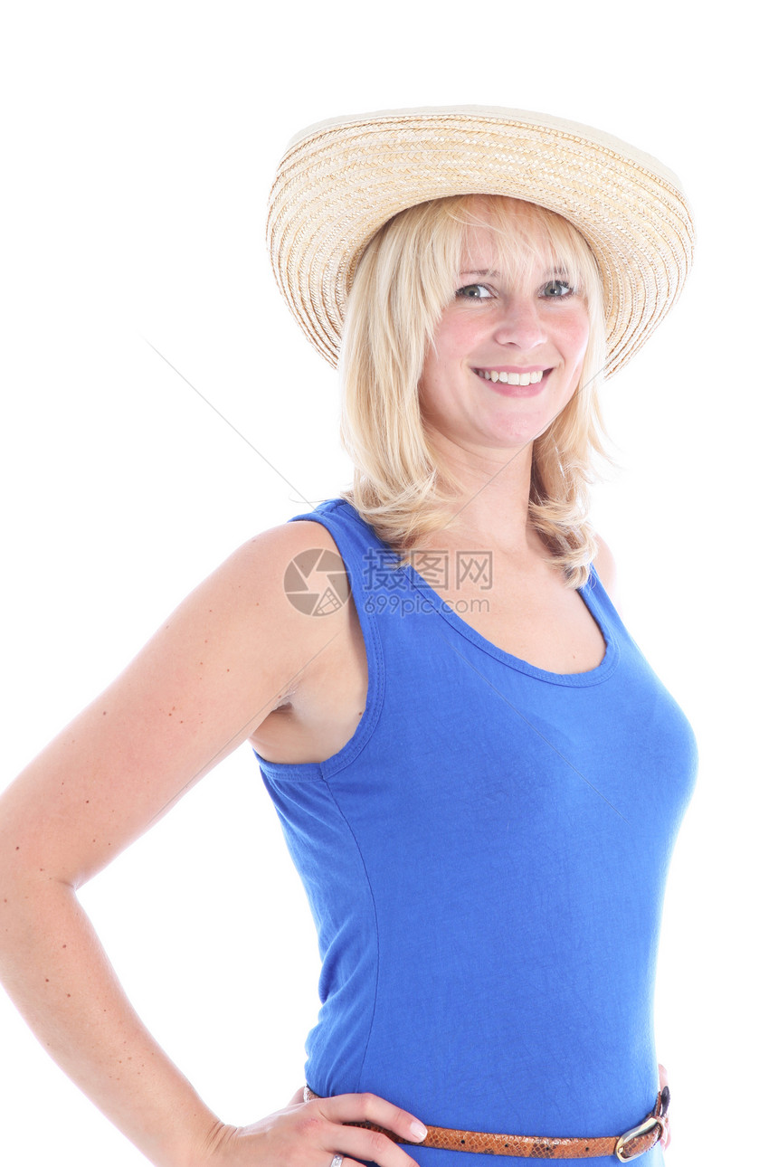 带草帽的笑女人女孩帽子女性微笑成人女士冒充裙子白色工作室图片
