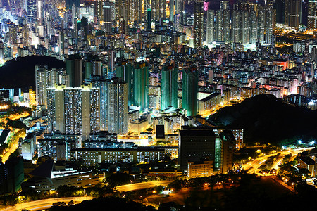 香港市中心 夜中高处风景城市建筑物地标摩天大楼办公室天际背景图片