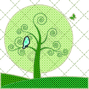 错落龙须树带树和鸟儿的生日贺卡拼凑插画