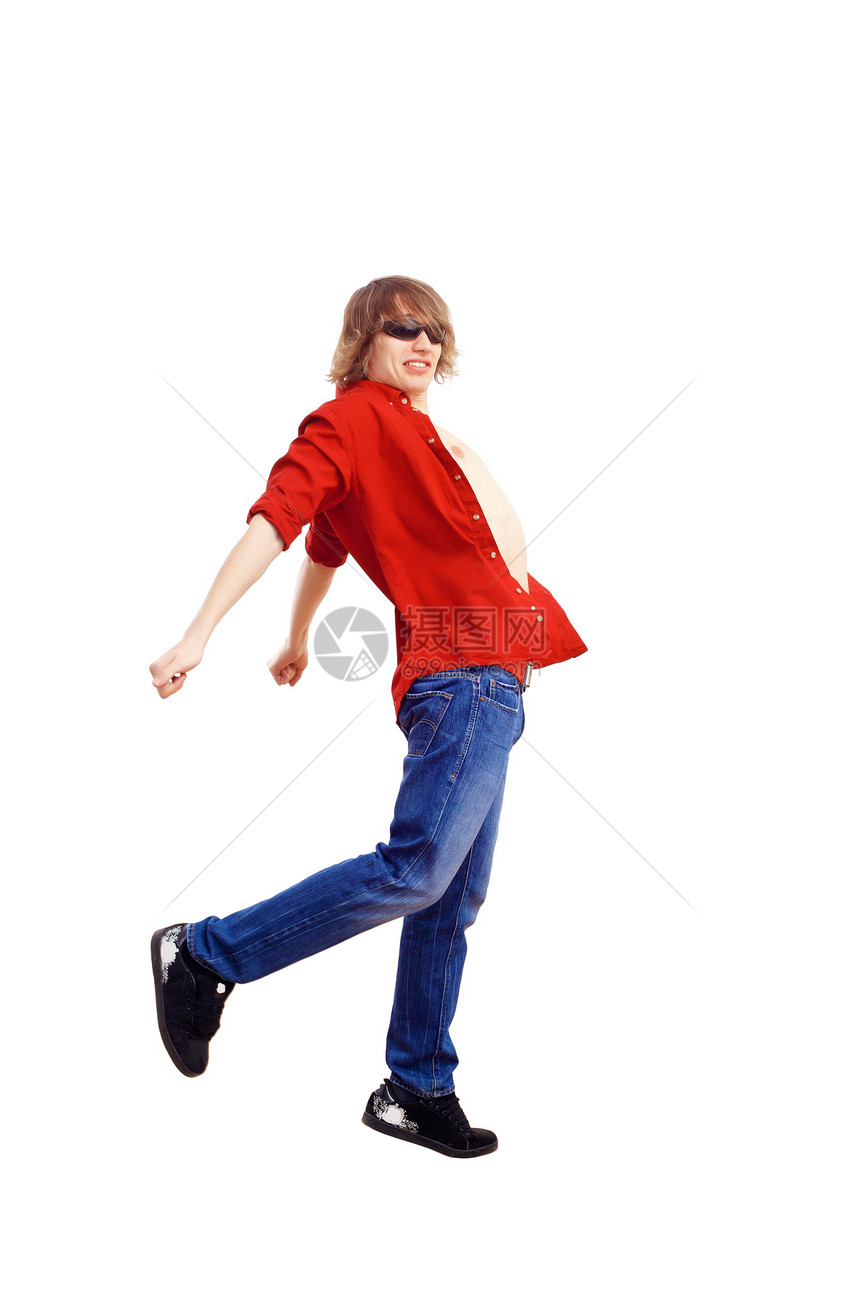 快乐微笑的年轻男子舞蹈歌曲灵活性运动派对耳机旋律岩石霹雳舞男性冒充图片
