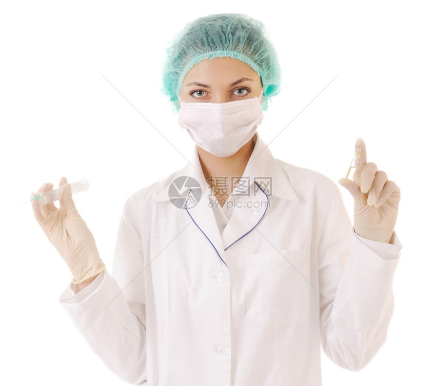 药物和毒剂在医生手中注射注射器安瓶药品外科手术女士乳胶卫生面具图片
