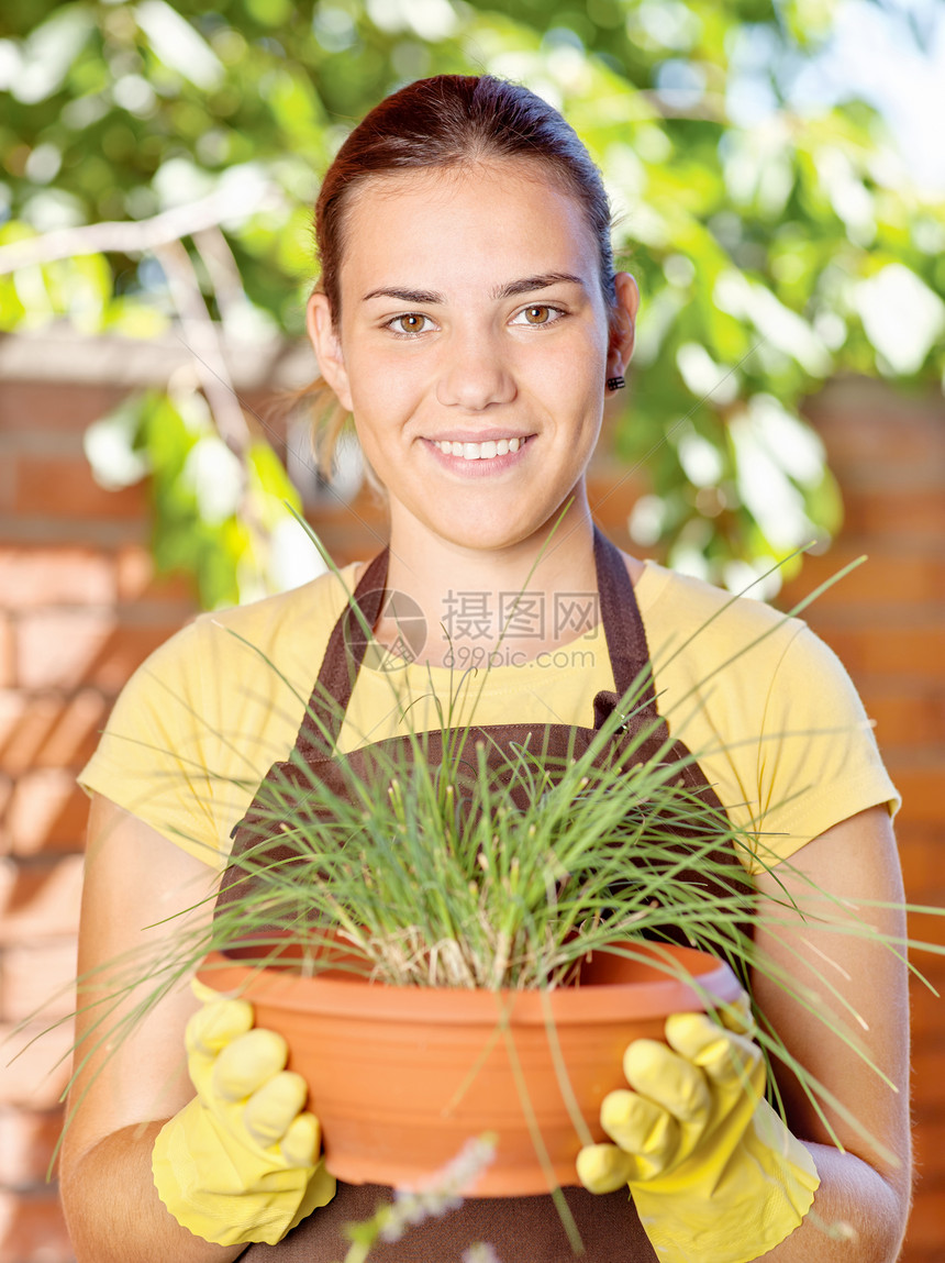 种植锅里的植物女性栽培女孩花园阳台女士微笑晴天手套围裙图片