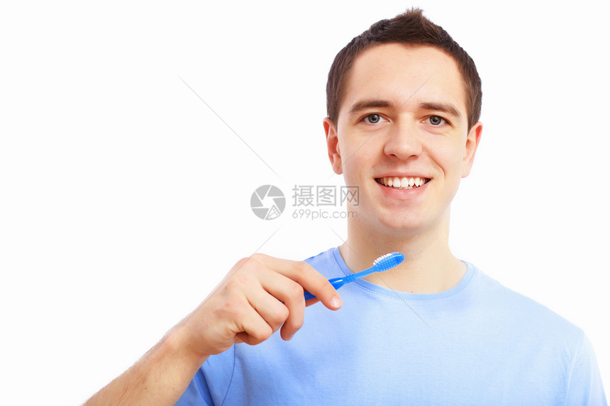 在家刷牙的年轻人成人卫生男性牙科金发女孩情绪幸福蓝色刷子图片