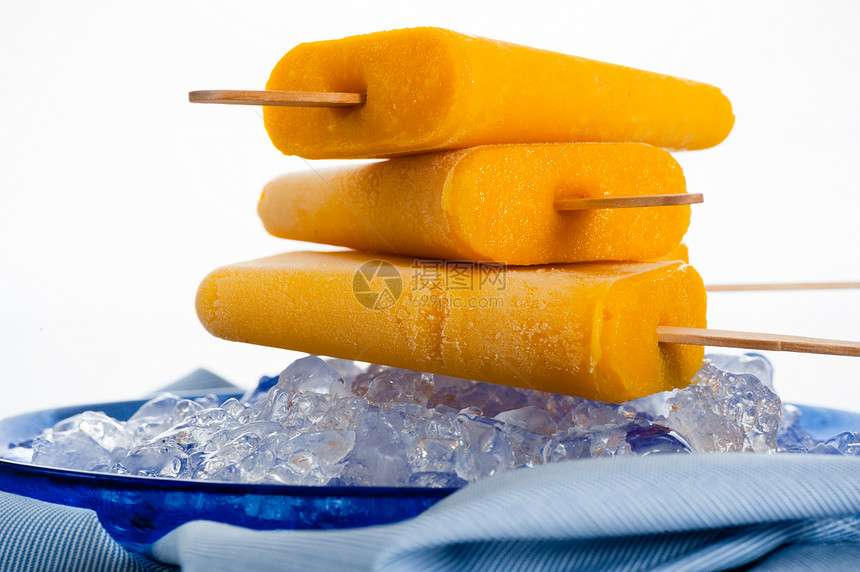 芒果冰棒甜点橙子小吃蓝色冰镇果汁盘子沙漠棒冰果味图片