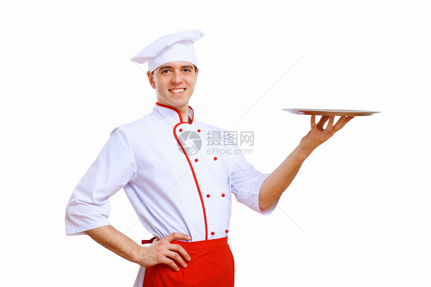 厨师持有空托盘男人餐饮烹饪盘子围裙食物工作女性服务工具图片