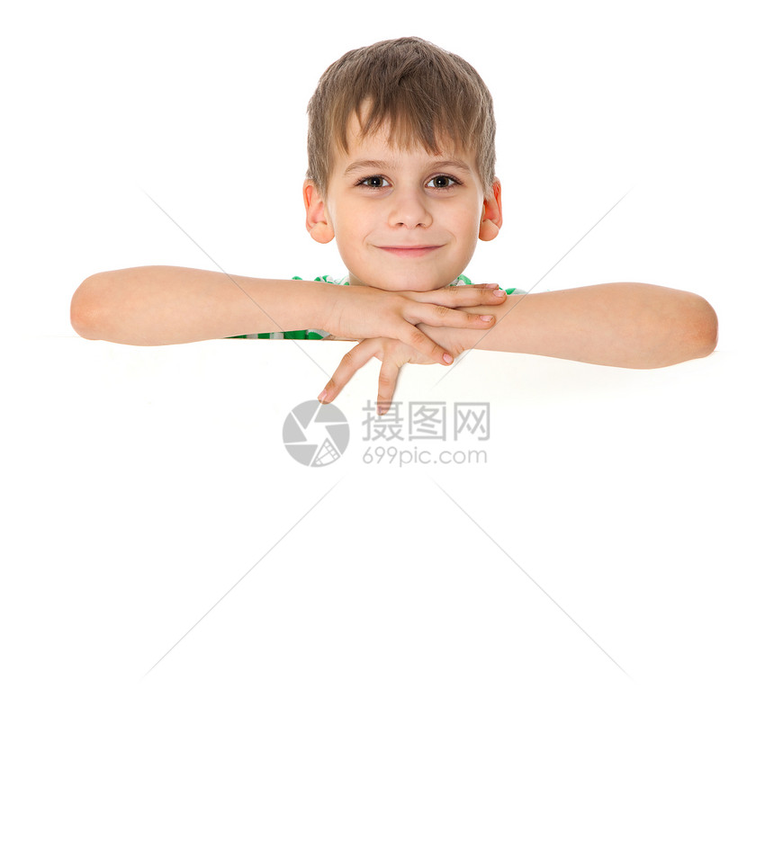 男孩拿着横幅孩子推介会海报快乐手指广告教育广告牌帆布框架图片