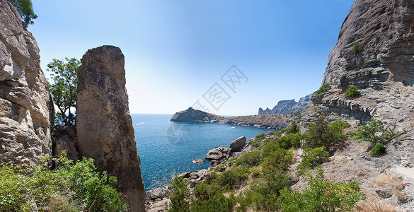 塞瓦斯托波尔Sudak海滩 黑海 乌克兰 黑海悬崖假期旅游石头房子海洋全景海岸山脉天空背景