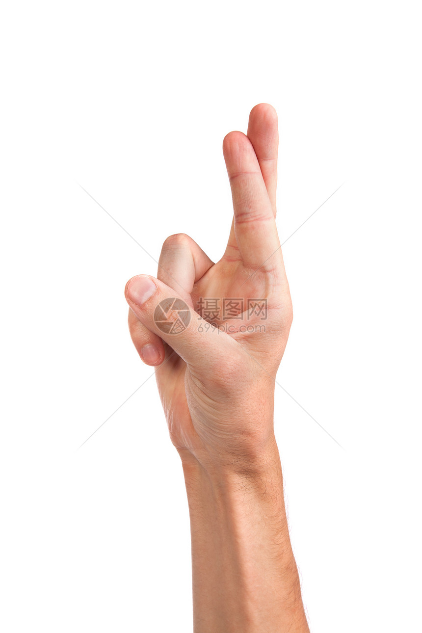交叉手指象征着好运 在白色上被孤立信号手腕工作室隐藏男性棕榈男人拇指手势运气图片