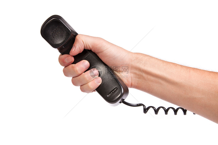 握着旧黑电话管的手说话耳机热线呼叫者男性铃声服务台电讯讲话商业图片