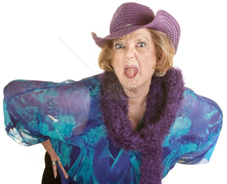 妇女伸出舌头性格金发倾斜成人祖母双手女性紫色退休女士图片