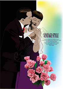 玫瑰甜筒小花束具有亲吻情侣图像的旧旧式风格框架插画