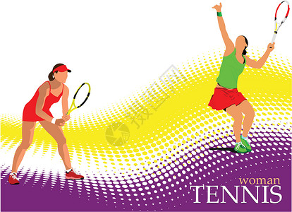 网球海报女性网球玩家的海报 d 彩色矢量插图速度行动爱好男人俱乐部运动比赛服务法庭草地插画