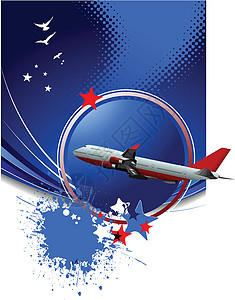 带有客机图像的蓝色抽象背景图象 矢量光海浪技术白色空白乘客墙纸世界地球星星推介会背景图片