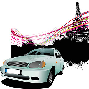 有巴黎图像背景的蓝色轻型汽车 矢量插图背景图片