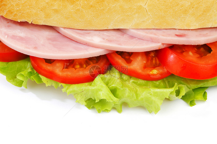 以火腿和新鲜蔬菜为三明治特写三明治叶子美食火鸡小吃午餐面包沙拉牛肉早餐猪肉图片
