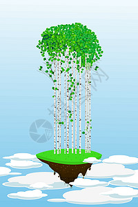 绿桦树林飞林插画