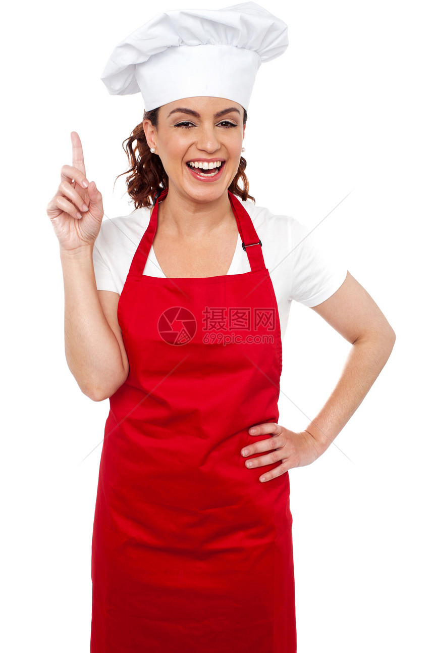 美丽笑容的女厨师 向上展示着餐饮面包师女性服务快乐商业面包女士工作职业图片