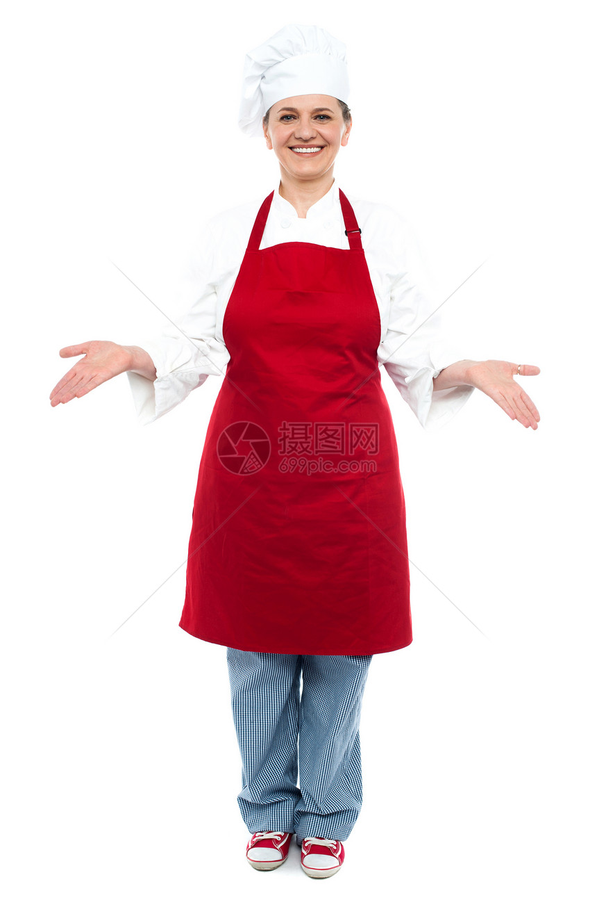 女厨师笑着欢迎你餐饮工作服务手掌食物快乐面包女士手势职业图片