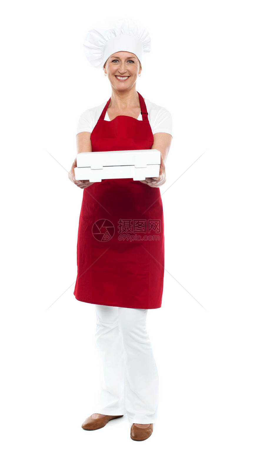 提供比萨饼的女厨师全长肖像图片