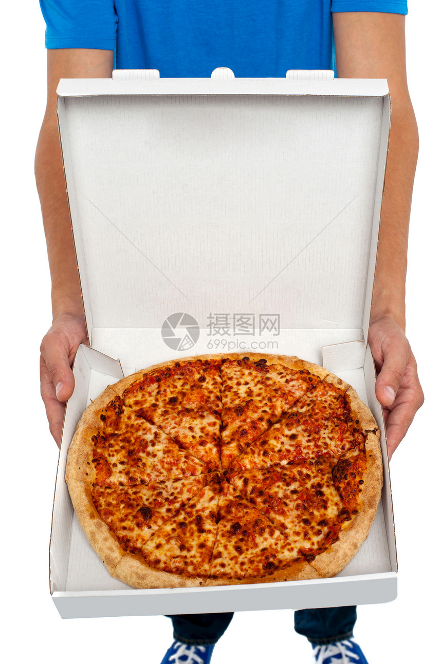 一张开着披萨盒的照片面包男性午餐香肠男人盒子小吃垃圾开箱奉献图片