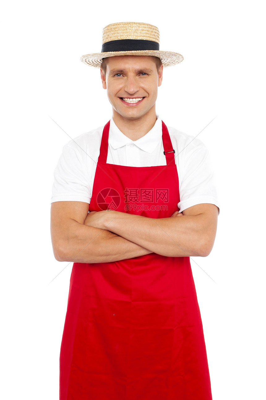 英俊的厨师打扮风格面包快乐男性烹饪男人商业手势帽子服务厨房图片