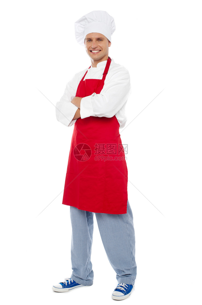 整长的厨师画像风格化主厨肖像厨房快乐食谱餐饮工作酒店烹饪男性服务面包图片