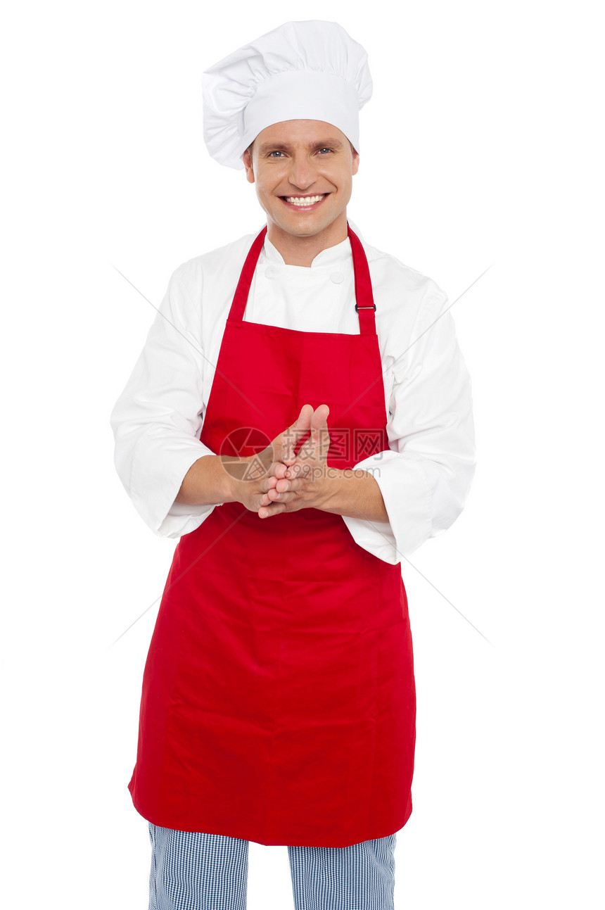 穿着适当制服的男性有自信和自信的男厨师工作男人厨房烹饪面包男性快乐服务商业手势图片